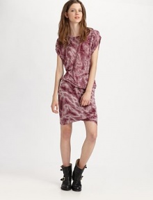 Slightly shirred, tie-dyed crewneck with slit cap sleeves and a flattering dropped waist. CrewneckSlit cap sleevesDropped waistOpen back with tieAbout 24 from natural waist92% modal/8% spandexHand washImportedModel shown is 5'9½ (176cm) wearing US size 4. Slightly shirred, tie-dyed crewneck with slit cap sleeves and a flattering dropped waist. CrewneckSlit cap sleevesDropped waistOpen back with tieAbout 24 from natural waist92% modal/8% spandexHand washImportedModel shown is 5'9½ (176cm) wearing US size 4.
