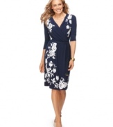 A clever faux wrap silhouette is enlivened by graphic florals from Charter Club. The tie belt and surplice neckline are so flattering, too!