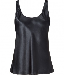 Stylish top in fine dark grey synthetic fiber - Elegant satin sheen - Slim, tank cut widens slightly at hem - Sexy deep scoop neck and back - A go-to in any wardrobe that is as chic as it is versatile - Wear solo or layer beneath blazers or fitted denim and leather jackets - Pair with pencil skirts, maxi skirts and all jeans