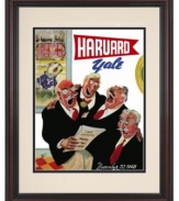 A Crimson quartet drowns out the sound of the Bulldogs' howl in this comical cover art from the 1948 Harvard-Yale football program. Brilliant, restored colors and a cherry-finished frame make it a must for memorabilia collectors as well as Harvard alums.