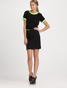 Paneled princess seams on pique jersey employ the sleek look of body-con chic.High waistFlat frontPrincess seamsCenter back zipperAbout 19 long79% cotton/20% nylon/1% LycraDry cleanMade in USA of imported fabricModel shown is 5'11 (180cm) wearing US size Small. Paneled princess seams on pique jersey employ the sleek look of body-con chic.High waistFlat frontPrincess seamsCenter back zipperAbout 19 long79% cotton/20% nylon/1% LycraDry cleanMade in USA of imported fabricModel shown is 5'11 (180cm) wearing US size Small.
