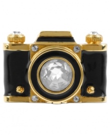 Point and shoot for fierce style. This Betsey Johnson stretch ring captures memories with its black camera design, prettied up with crystal accents. Crafted in antiqued gold tone mixed metal. Ring stretches to fit finger.