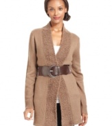 Cozy up to this tunic-length cardigan, outfitted with a matching belt and a soft, textured shawl collar.