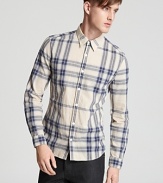 Soft cotton in a slim, modern silhouette is patterned with a large check pattern for a strikingly handsome shirt from Burberry Brit.