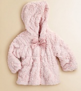 Pretty bow detail finishes this snug faux fur hooded design.HoodedFront zip closureDual seam pocketsFully linedPolyesterMachine washImported