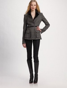 This impeccably tailored blend of wool and cashmere wraps around the back for a updated spin on a look that's classically equestrian.Velvet notch collar Long sleeves Leather belt closure Flap pockets Back crossover wrap detail Silk lining About 27½ from shoulder to hem 85% wool/10% nylon/3% cashmere/2% spandex Made in USA of Italian fabric This impeccably tailored blend of wool and cashmere wraps around the back for a updated spin on a look that's classically equestrian.Velvet notch collar Long sleeves Leather belt closure Flap pockets Back crossover wrap detail Silk lining About 27½ from shoulder to hem 85% wool/10% nylon/3% cashmere/2% spandex Made in USA of Italian fabric