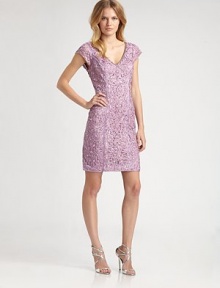 Luxe soutache embroidery and allover beading lends rich texture to this form-fitting sheath.V necklineCap sleevesAllover beaded ribbon embroideryV backConcealed side zipFully linedAbout 22 from natural waistNylonSpot cleanImportedModel shown is 5'10 (177cm) wearing US size 4. 