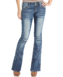 Intense whiskering equips Indigo Rein's light-wash bootcut jeans with bold character. Dress 'em up with platforms or down with sneaks for a look that totally stands out. Intense whiskering equips Indigo Rein's light-wash bootcut jeans with bold character. Dress 'em up with platforms or down with sneaks for a look that totally stands out.