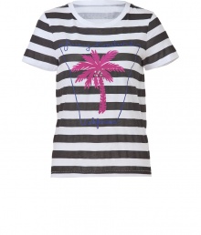 Light-hearted and fun, this striped tee from Juicy is perfect for your summer wardrobe -A splash of color from pink palm tree creates a relaxed feel against the black and white, horizontal lines - Feminine rounded neck, wide short sleeves and a classic fit - Pair with capris, skinny jeans or cut-off denim shorts