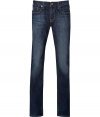 An essential staple in casual dark denim, Adriano Goldschmieds slim fit jeans are a must for casual daytime looks - Soft yet ultra-durable denim, classic five-pocket, zip fly, button closure, belt loops - Slim straight leg - Sleek and versatile, pair with everything from tees and sneakers to button-downs and lace-ups