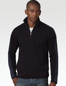 Constrast stripes and trim add sporty style to this cool cotton layer. Mock turtleneck Two slash pockets on either side Cotton with polyamide trim; machine wash Imported
