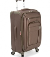 Fly lighter. Crafted from an innovative lightweight Dura-Tec material, this suitcase has a fully integrated fiberglass frame that rolls effortlessly on four multi-direction spinners. A fully-lined expandable interior uses tie-down straps to keep your belongings in place & your clothes wrinkle-free.