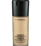 A fluid foundation that blends the natural light-reflecting properties of micro-minerals with a smooth satin finish. Provides a low-to-medium buildable coverage with a skin-flattering, slightly luminous look. Helps make your skin appear, radiant, healthy, re- energized. Contains vitamins A, C and E to help nurture and condition the skin. Provides everyday broad spectrum UVA/UVB SPF 15 sun protection. Long-wearing. Good for all skins. Especially suitable for normal-dry skins.