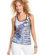 Punch-up your weekend style in a printed, sequin-loving tank top that adds the spice to sporty! From BCX.