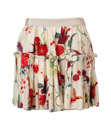 Bring romantic whimsy to your party-ready look with this lovely floral skirt from Roberto Cavalli - Banded waist, tiered full skirt with ruffle detail, mini length, concealed side zip closure - Style with a silk blouse, peep-toe heels, and a statement clutch Bring romantic whimsy to your party-ready look with this lovely floral skirt from Roberto Cavalli - Banded waist, tiered full skirt with ruffle detail, mini length, concealed side zip closure - Style with a silk blouse, peep-toe heels, and a statement clutch