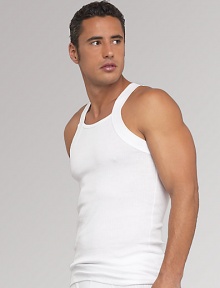 Square cut signature tank in soft, lightweight pima cotton microfiber. Ribbed with solid trim Machine wash Imported