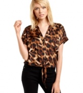 XOXO's vintage-inspired tie-front top adds a sultry touch to jeans, minis and more! Wildly chic animal print ups the ante, too.