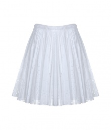 Sweet summer skirt made of fine white cotton - Narrow waistband, side zipper and flattering length - Side mesh elements - Decorative folds and perforated top - Flowing silhouette - Perfect for daytime, garden parties or at the beach club - Style with flat sandals and pastel blouse for romantic look