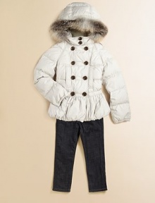 Battle the elements in style in this puffy topper with attached hood, detachable fur trim, double-breasted front button closure and pretty peplum hem for extra coverage and warmth when desired.Attached hood with removable fur trimShoulder epaulettesLong sleeves with elastic cuffsDouble-breasted front button closureFront slash pocketsGathered waistbandPeplum hemGoose down fillFully linedAdditional InformationKid's Apparel Size Guide 