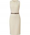Sleek and sophisticated, this ivory virgin wool stretch dress conjures effortless elegance - Slim and streamlined, sleeveless cut -  Fitted bodice with round neck - Kick pleat and extra-long zip at rear - Leather and silver-tone metal belt cinches waist - Pencil-style skirt hits at knee - Pair with peep toe or platform pumps and a leather tote or clutch