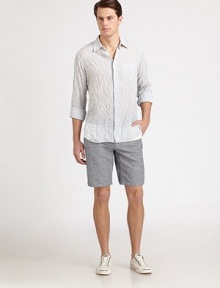 Classic colorblock designs adds dimension and contemporary edge to this tailored short, set in cotton and hemp.Flat-front styleSide slash, back patch pocketsInseam, about 1078% cotton/22% hempMachine washMade in USA