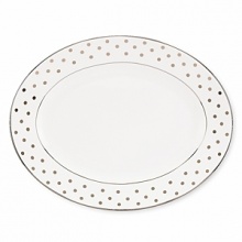 Kate Spade's Larabee Road Platinum, peppered with platinum polka dots, will give your table its own personality. Crafted of white bone china, each piece is dishwasher safe.