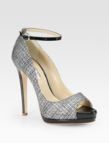 Stunning patent leather in a unique tweed print with a covered platform and skinny heel. Self-covered heel, 4½ (115mm)Covered platform, 1 (25mm)Compares to a 3½ heel (90mm)Patent leather upperLeather lining and solePadded insoleMade in ItalyOUR FIT MODEL RECOMMENDS ordering true whole size; ½ sizes should order the next whole size up. 