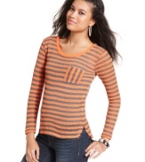 Got a thing for details? This Planet Gold knit top comes fully equipped with semi-sheer stripes, a shirttail hem and exposed zipper at the back. Adorable!