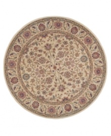 Inspired by the lyrical beauty of ancient Persian carpets, this round rug features a field of flowers entwined in a curvilinear design with a warm palette of pumpkin, mauve and moss green against a soft beige ground. Woven of premium Opulon(tm) yarns to create a lavish pile with a rich, color-enhancing finish. Inspired by the lyrical beauty of ancient Persian carpets, this round rug features a field of flowers entwined in a curvilinear design with a warm palette of pumpkin, mauve and moss green against a soft beige ground. Woven of premium Opulon(tm) yarns to create a lavish pile with a rich, color-enhancing finish.