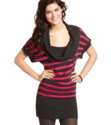 Bright stripes and an oversized cowl neck make this tunic-style sweater from BCX a style you'll want to cozy-up to.
