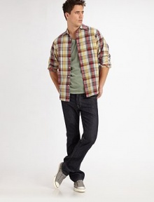 A seasonless style for every man, distinguished by bold color and classic checks in lightweight cotton. Buttonfront Chest patch pocket Cotton Machine wash Imported 