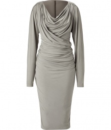 Luxurious dress made ..of fine, light grey stretch viscose - Stunningly cut close to the body, with a feminine waterfall neck d?collet? and long sleeves - Glamorous draping - The skirt has a typical pencil cut, tight, about knee length - Sophisticated and sexy, fashionable and elegant, a dream of a dress for exciting evening events - Wear with booties, pumps, gladiator sandals Luxurious dress made ..of fine, light grey stretch viscose - Stunningly cut close to the body, with a feminine waterfall neck d?collet? and long sleeves - Glamorous draping - The skirt has a typical pencil cut, tight, about knee length - Sophisticated and sexy, fashionable and elegant, a dream of a dress for exciting evening events - Wear with booties, pumps, gladiator sandals
