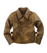 A cropped jacket combines biker-chic style and heritage details in sumptuous faded leather for a bold statement piece.