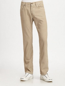 Super soft artisan selvedge corduroy woven on an antique shuttle loom, updated with a five-pocket design and modern slim fit.Mid-width waistband with belt loops Front zipper and button fly Five-pocket style Inseam, about 32 Cotton; hand wash or machine wash Made in USA