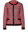Classic sophistication goes quirky-cool with this vibrant plaid boucle jacket from Moschino Cheap & Chic - Round collar with black knit trim, concealed front placket with contrasting trim and silver-tone vintage-inspired charms, slit pockets at waist with trim and charms, all-over plaid printed knit, cropped silhouette - Wear with a figure-hugging pencil skirt and platform pumps