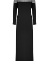 With sultry peek-a-boo panels and a dramatic floor-sweeping length, this luxe silk dress from Azzaro will amp up your black tie style - Round neck, long sleeves, sheer panels at neckline, shoulders, and back, straight silhouette, cascading draped overlay at back, maxi length - Wear with metallic sandals and an embellished clutch