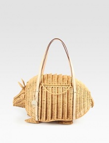 A spring-ready design of woven wicker forms this playful armadillo shape. Double leather top handles, 8 dropFlap to closureOne inside zip pocketOne inside open pocketCotton lining12½W X 6¾H X 5½DImported
