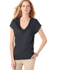 A draped cowl neckline and buttoned tabs add drama to this MICHAEL Michael Kors top for a simply stylish look! A draped cowl neckline and buttoned tabs add drama to this MICHAEL Michael Kors top for a simply stylish look!