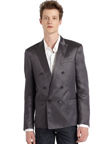 THE LOOKNotch lapelFront button closureLong concealed button cuff sleeves Chest pocketSeam detailsDouble breasted decorative buttonsFront flap pocketsOne inside button pocketTwo inside open pocketsBack vented hemTHE MATERIAL55% rayon/45% ramieFully linedCARE & ORIGINDry clean Made in Italy
