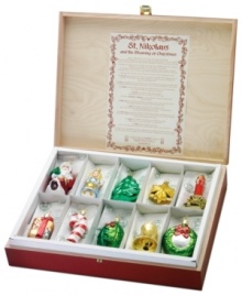 Christmas teachings. This Inge-Glas ornament set features the story of St. Nikolaus and how he taught children the meaning of Christmas. Each of these mouth-blown, hand-painted ornaments represents a part of his lesson. Christmas teachings. This Inge-Glas ornament set features the story of St. Nikolaus and how he taught children the meaning of Christmas. Each of these mouth-blown, hand-painted ornaments represents a part of his lesson.