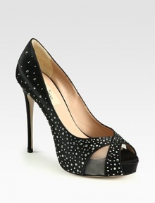 Glittery Swarovski crystals decorate this satin peep toe pump, with semi-sheer mesh inserts and a hidden platform. Self-covered heel, 4¾ (120mm)Hidden platform, 1 (25mm)Compares to a 3¾ heel (95mm)Swarovski-encrusted satin upper with mesh insertsPeep toeLeather lining and solePadded insoleMade in Italy Glittery Swarovski crystals decorate this satin peep toe pump, with semi-sheer mesh inserts and a hidden platform. Self-covered heel, 4¾ (120mm)Hidden platform, 1 (25mm)Compares to a 3¾ heel (95mm)Swarovski-encrusted satin upper with mesh insertsPeep toeLeather lining and solePadded insoleMade in Italy