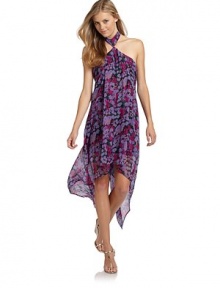 THE LOOKAsian flower print on chiffon overlayHalter straps tie at neckCenter draping, front and backHandkerchief hemBack zipper with hook-and-eye closureTHE FITAbout 38 from shoulder to hemTHE MATERIALPolyesterFully linedCARE & ORIGINDry cleanImportedModel shown is 5'10 (177cm) wearing US size Small. 