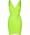 Make a sultry statement in this attention-grabbing neon bandage dress from Herv? L?ger - V-neck, bustier-style top, thick spaghetti straps, classic bandage panel detailing with figure-enhancing seams at front, down sides, and at back, concealed back zip closure - Extra form-fitting - Style with sky-high platform sandals and an embellished clutch