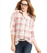 Go mad for plaid! Sheer lace accents deliver just the right amount of delicate style to this button-down from American Rag.