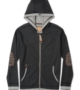 Here's what happens when a hooded sweatshirt comes with elbow patches, a zip-up front, contrast lining and all the other bells and whistles that usually belong to jackets: Zip Hoody Sweatshirt from Triple Fat Goose.