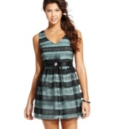 Short and sweet! This dress from BCX impresses with a striped-lace overlay and a rhinestone-detailed removable belt designed to give your look more shape!