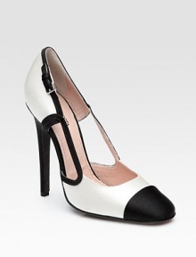 Shimmery, two-tone satin with modern cutout sides, soft suede trim and a buckle detail. Contrast satin heel, 5 (125mm) Satin upper Suede trim Leather lining Buffed leather sole Padded insole Made in Italy