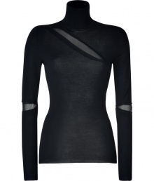 With its super soft virgin wool and sheer silk peek-a-boo detailing, Emilio Puccis black pullover cuts a chic feminine figure with a fantastically modern edge - Turtleneck, long sleeves, fine ribbed trim - Form-fitting - Team with tailored separates and sleek, streamlined accessories