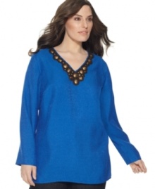 Upgrade your casual style with Jones New York Signature's long sleeve plus size top, enhanced by a beaded neckline. Upgrade your casual style with Jones New York Signature's long sleeve plus size top, enhanced by a beaded neckline.