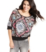 Rock this three-quarter sleeve scarf-print top from Belle Du Jour for a look that's trend-right and full of spirit!